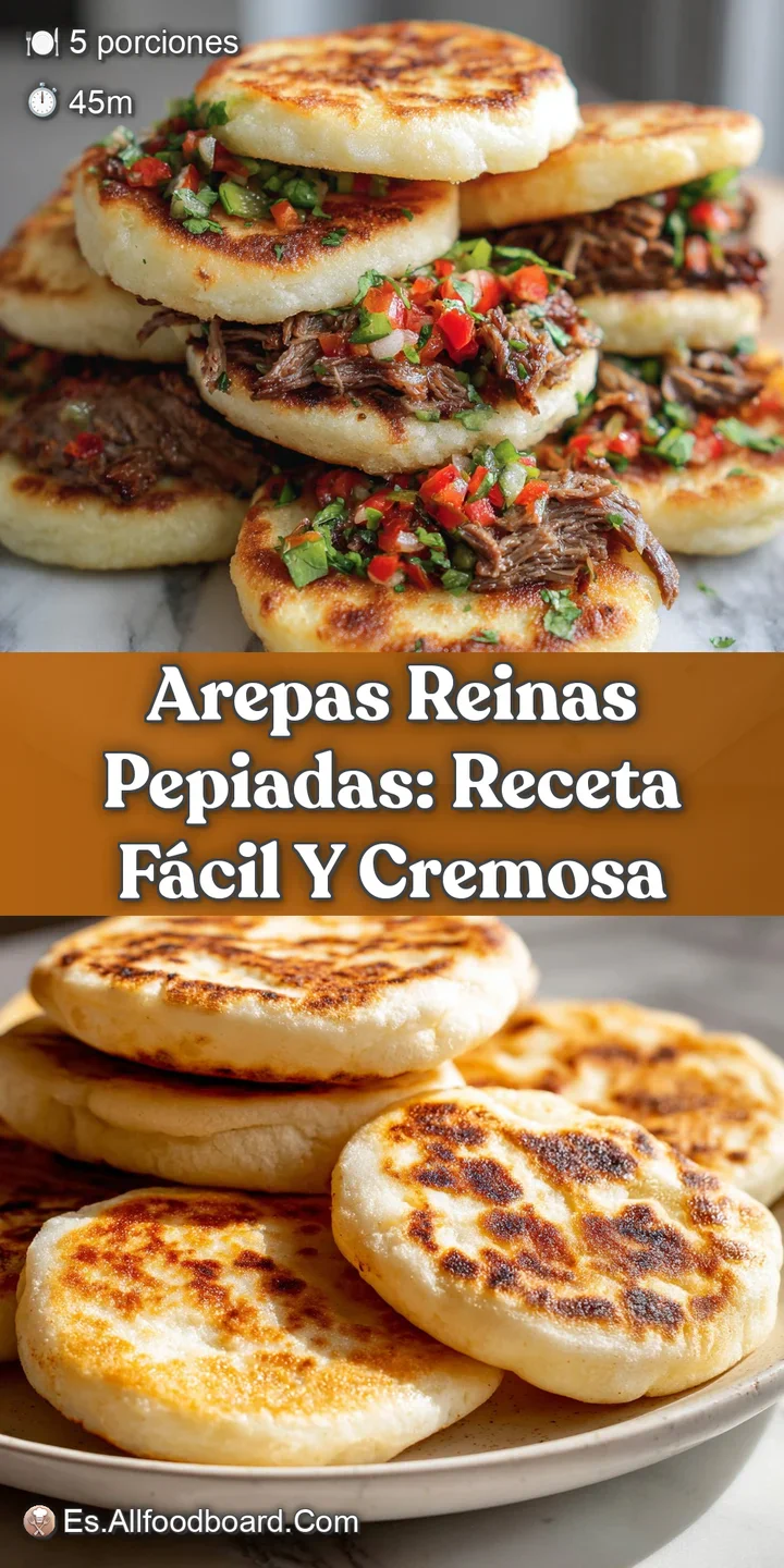 Close-up shows the rich, pale yellow chicken salad filling of the arepa, with visible shredded chicken and avocado pieces.