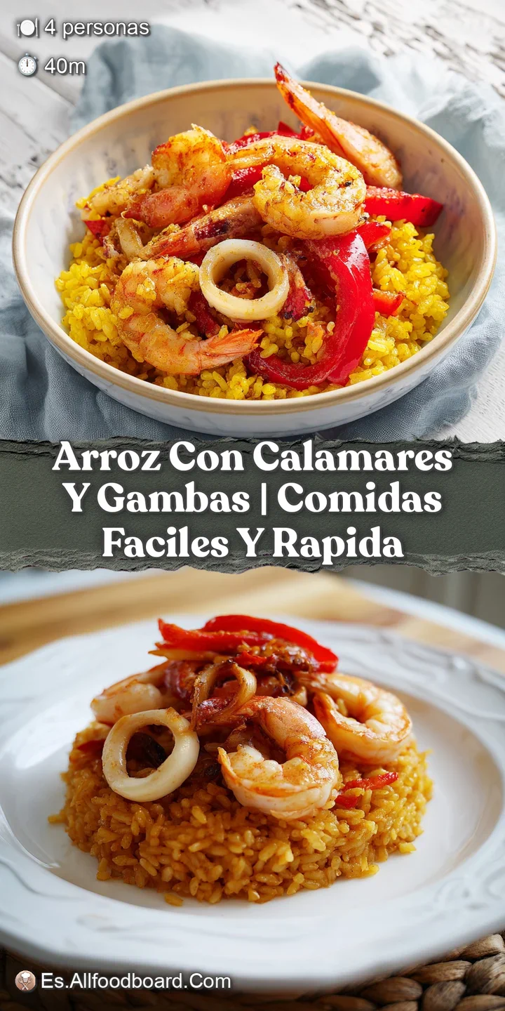 Primer plano detallado de granos de arroz jugosos, calamares blancos y gambas rosadas humeantes con brillo natural.