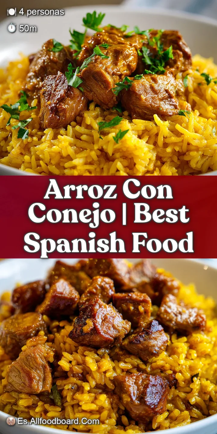 Extreme close-up of fluffy golden rice grains surrounding succulent, browned rabbit meat and fresh herbs