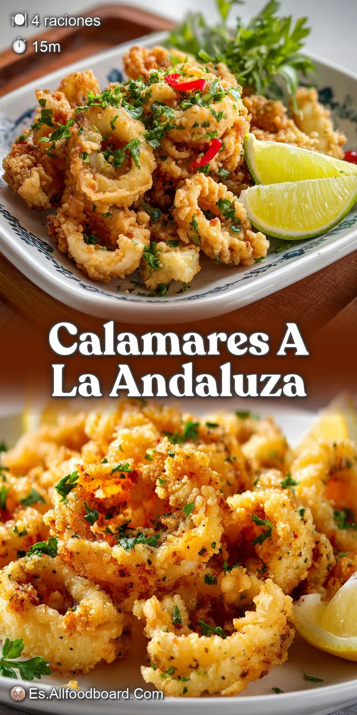 Close-up of lightly battered, perfectly fried calamari. The crisp texture is visible. Hints of lemon and fresh herbs are d...