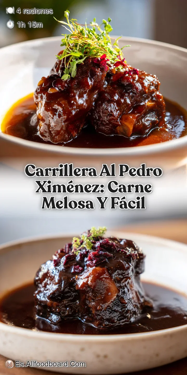 Close-up of intensely dark, glistening braised beef cheeks in rich sauce. Visible strands of tender, slow-cooked meat; tru...