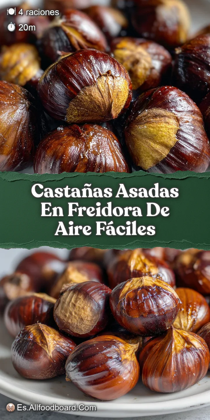 Close-up of air-fried chestnuts, split and steaming, showing the contrast between the dark, blistered shell and the soft, ...