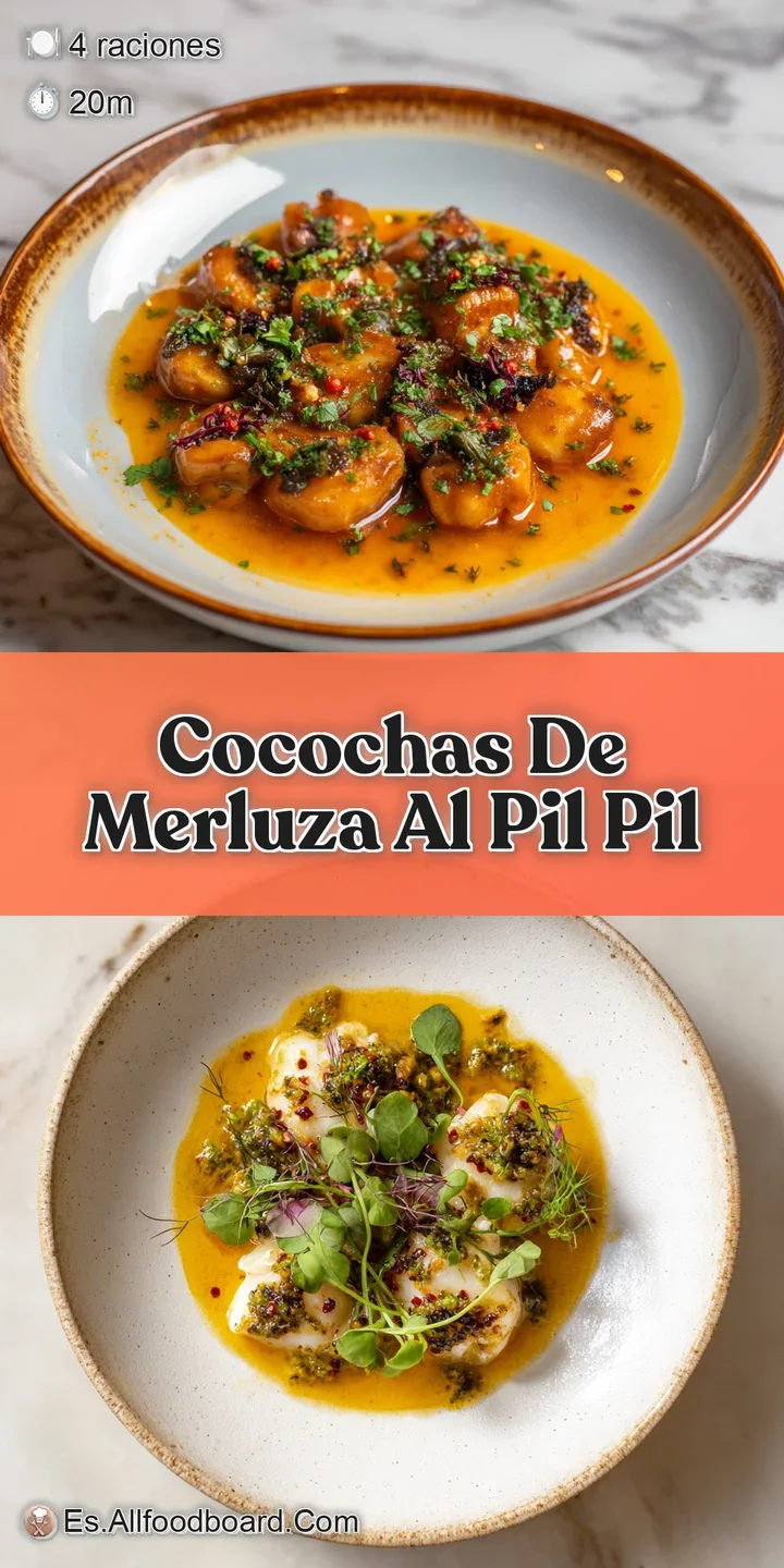 Close-up on glistening, tender cocochas de merluza, simmered in a rich, emulsified pil pil sauce, showcasing its creamy te...