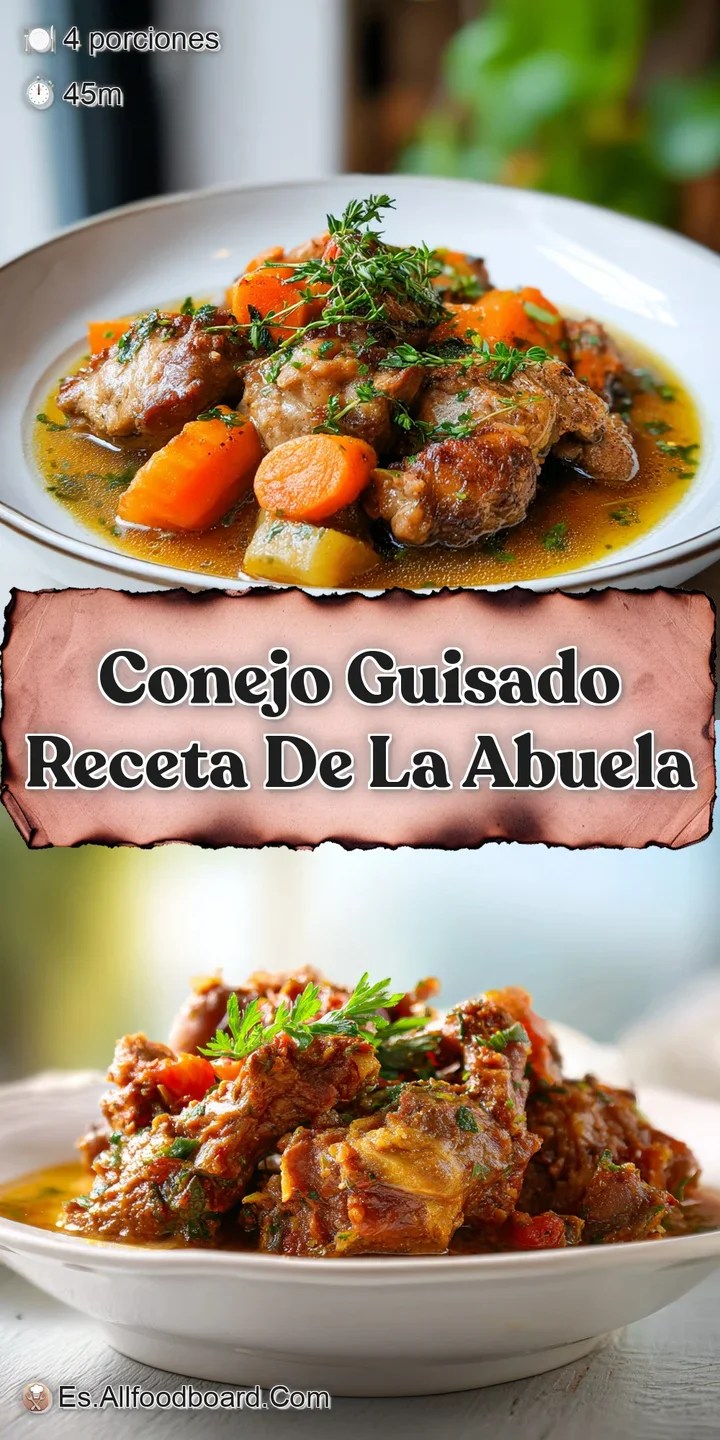 Close-up of tender rabbit pieces nestled in a thick, savory sauce, showcasing the glossy texture and vibrant colors of the...