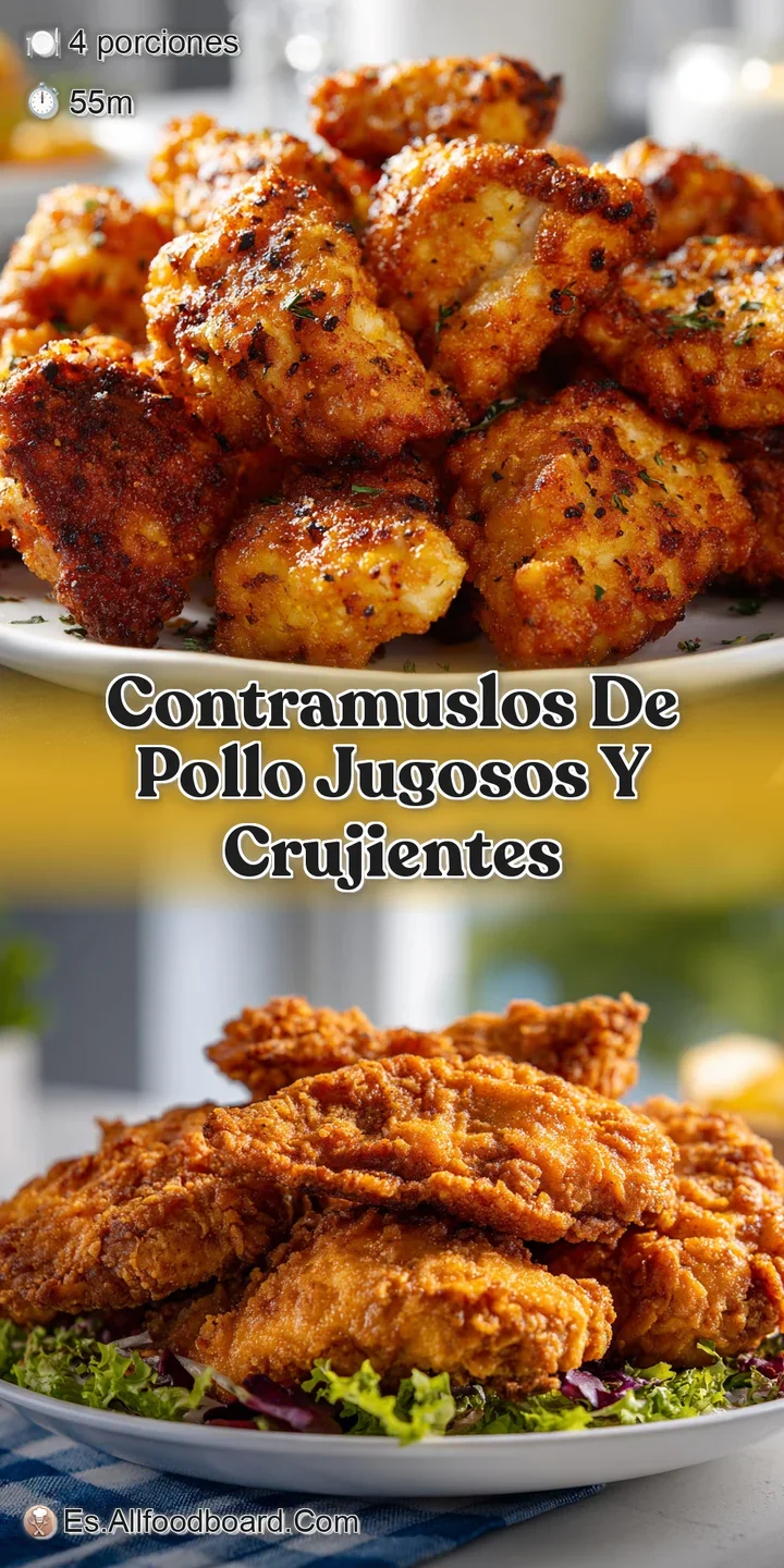 Close-up of a perfectly roasted chicken thigh with crackling, deeply golden skin, revealing moist, tender meat beneath. In...