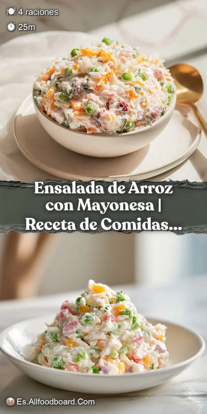 Close-up of creamy rice salad showing tender grains, bright peas, and flecks of red pepper, enticing and delicious.