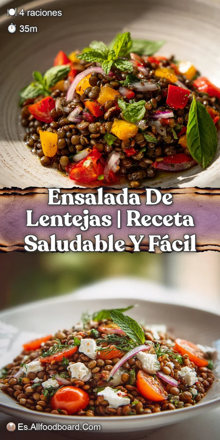 Close-up of a lentil salad, highlighting textures: firm lentils, crisp vegetables, and a glistening, zesty dressing.