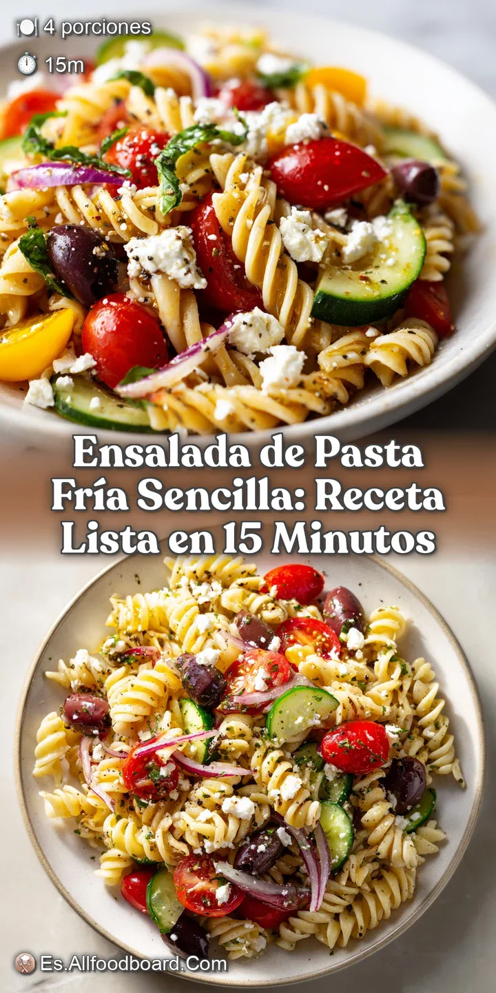 Close-up of pasta salad: al dente rotini, juicy tomatoes, and vibrant greens coated in a light, tangy dressing. Ready to eat!