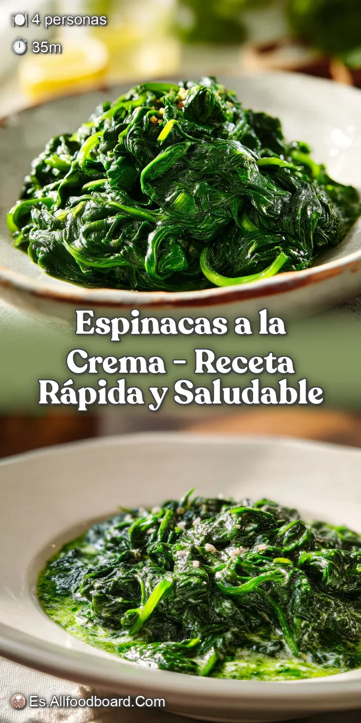 Primer plano de espinacas suaves y brillantes envueltas en crema espesa, resaltando su textura melosa y color intenso.