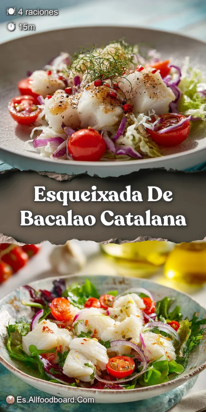 Close-up of Esqueixada: tender, shredded cod glistening with olive oil, alongside vibrant peppers and ripe tomatoes.