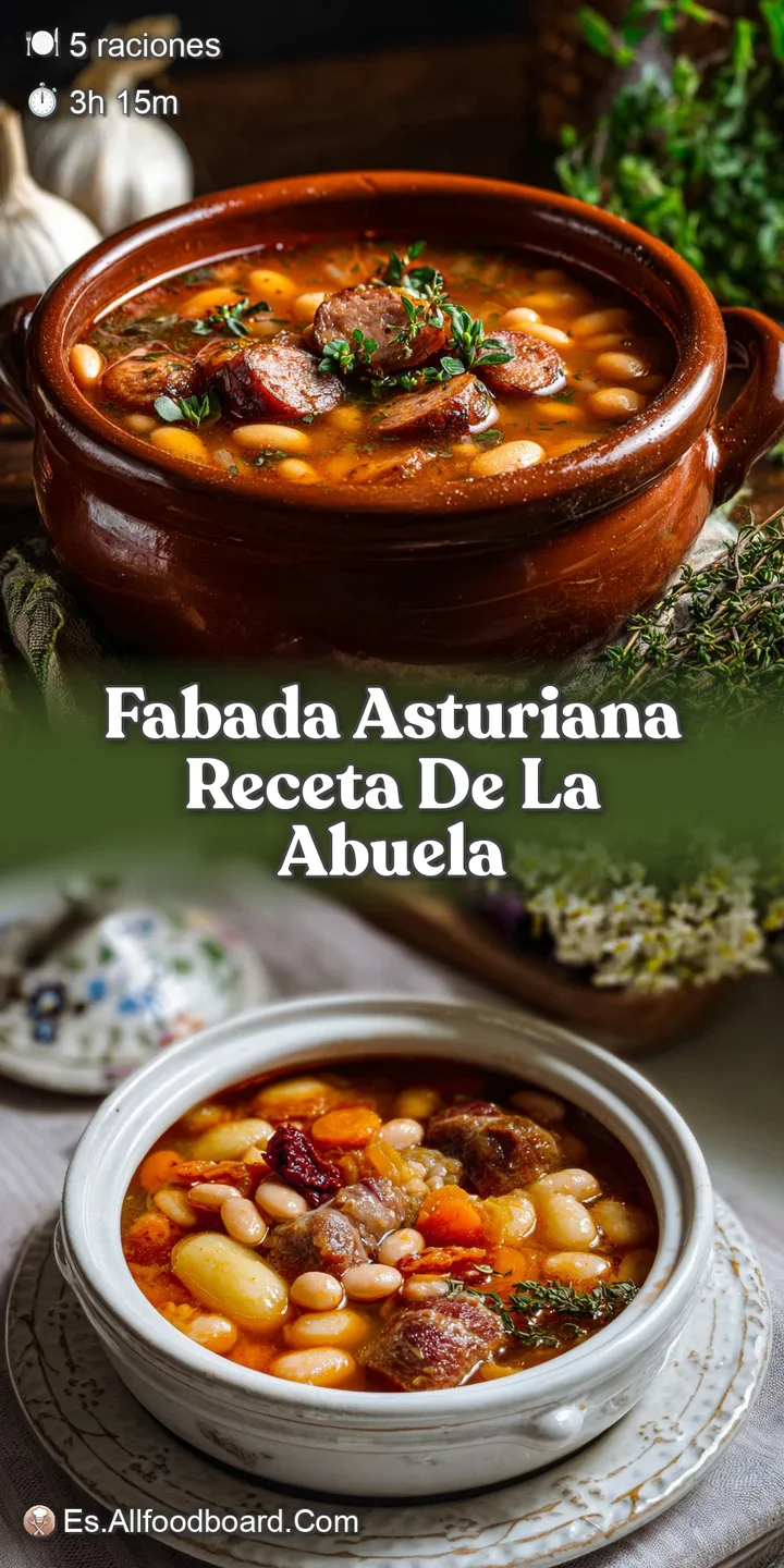 Close-up shot of Fabada Asturiana: plump, tender beans nestled amongst smoky chorizo and morcilla, simmering in a savory b...