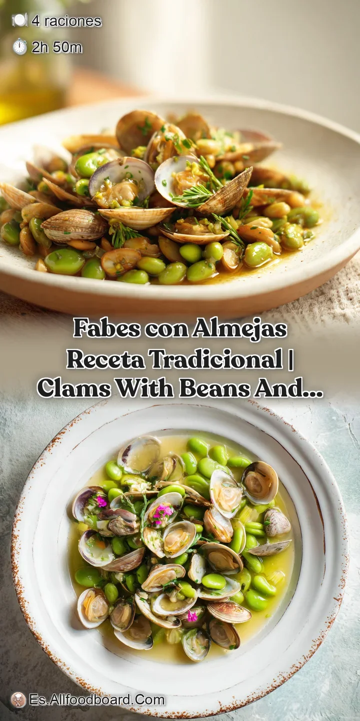 Close-up of glistening clams nestled among soft, creamy white beans. Aromatic broth clings to the beans, promising a rich,...