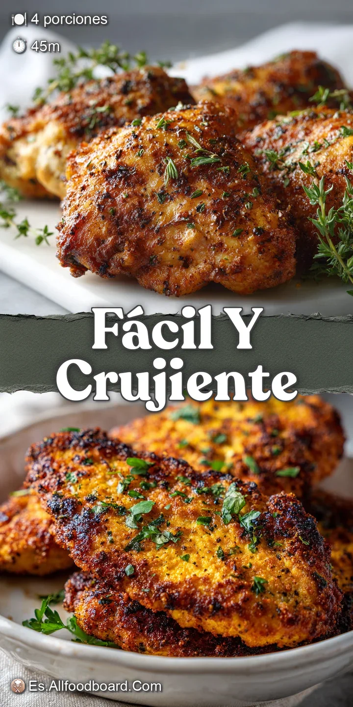 Close-up of juicy, golden air-fried chicken skin with visible crispy texture. Steam rises subtly, hinting at its warm, fla...