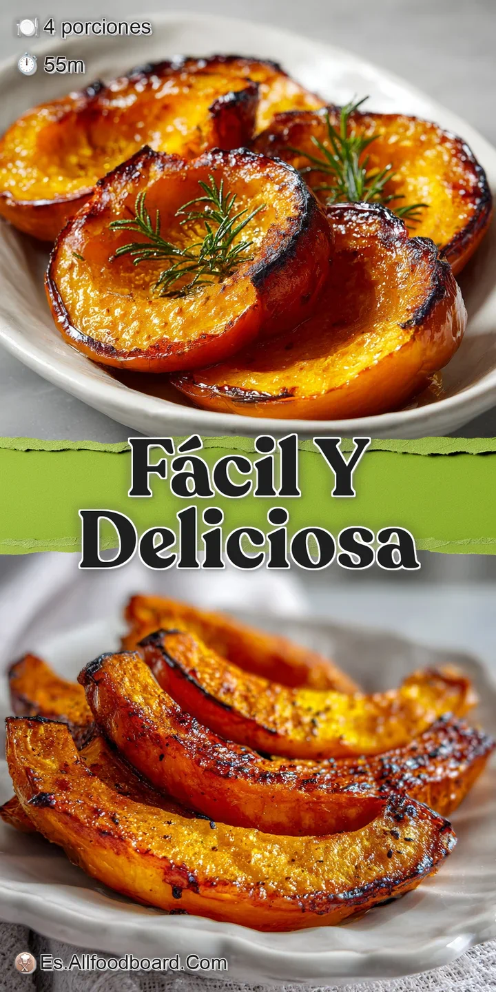 Close-up shows honeyed, roasted squash with a tender, slightly wrinkled surface. Sweet aroma seems to drift from the image.