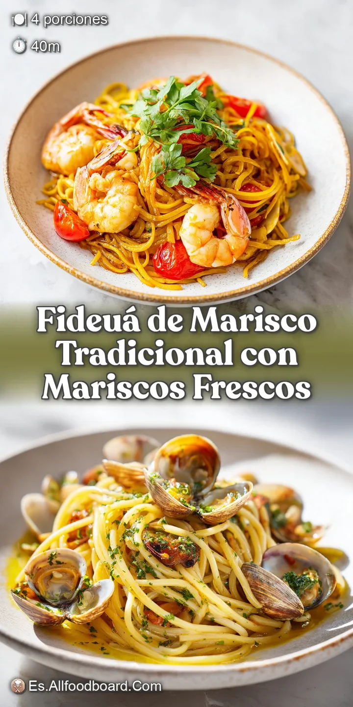 Close-up view of the Fideu&aacute; de Marisco shows plump shrimp and mussels nestled among toasted noodles in a rich sauce.