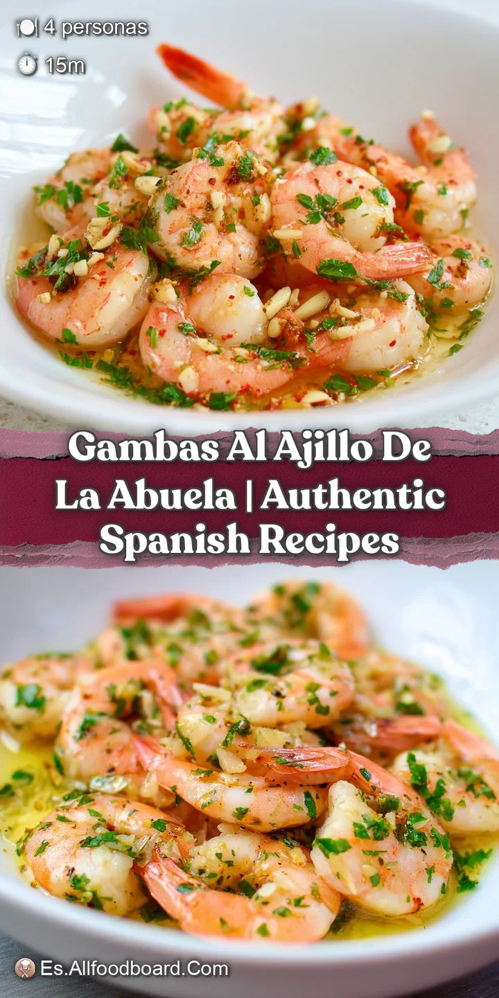 Primer plano de gambas jugosas y rosadas ba&ntilde;adas en aceite brillante con ajo dorado y motas de perejil verde fresco.