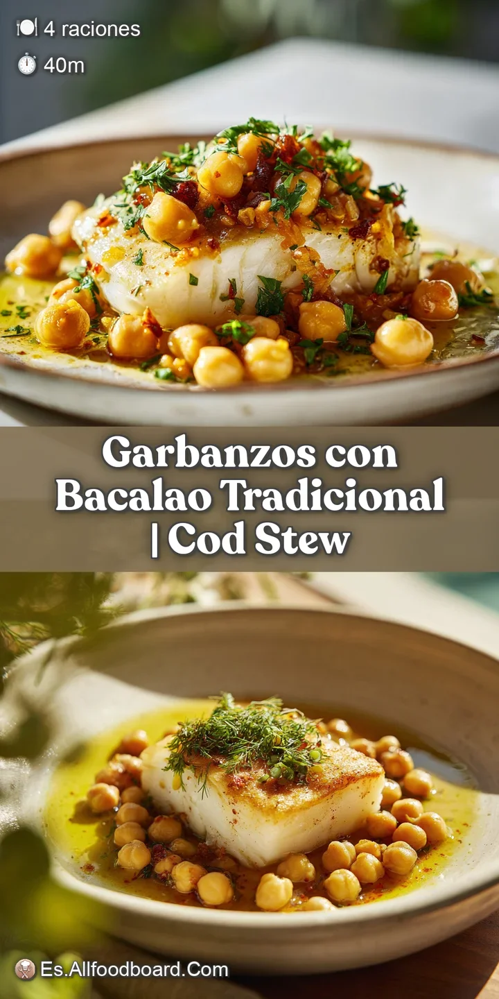 Close-up on simmering garbanzos con bacalao. Notice the vibrant orange broth and tender chickpeas with visible flaky cod.