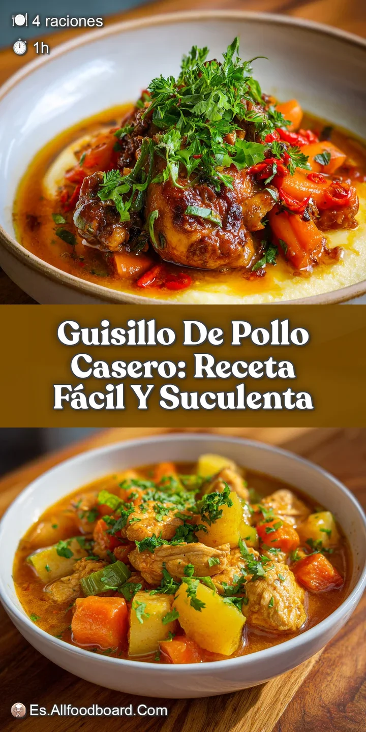 Close-up of succulent chicken pieces and soft potatoes bathed in a rich, flavorful sauce. Steam rises, hinting at a warm, ...