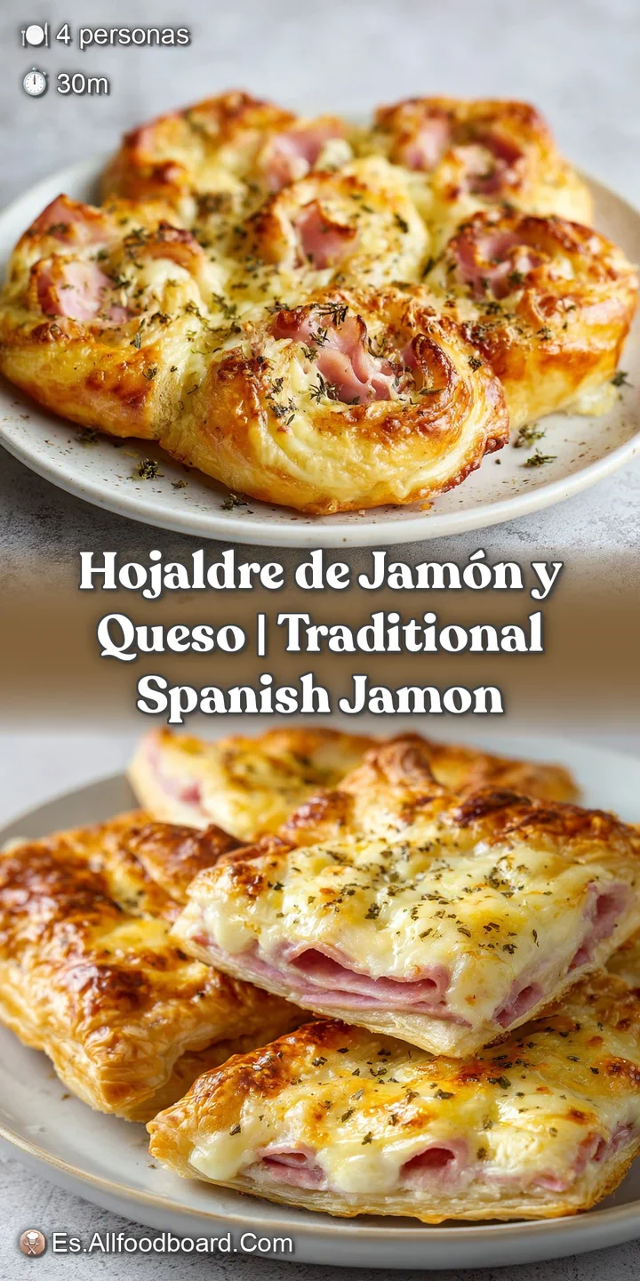Primer plano de capas de masa crujiente y burbujeante con queso fundido estir&aacute;ndose y jam&oacute;n jugoso en tonos rojizos.