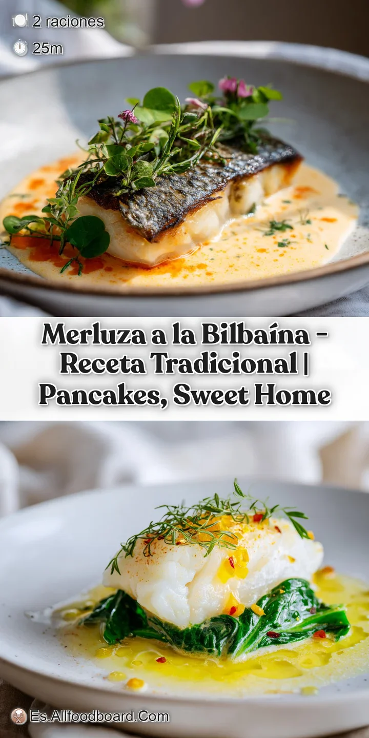 Close-up of tender merluza bathed in rich olive oil, with slivers of garlic and bright red pepper strips.