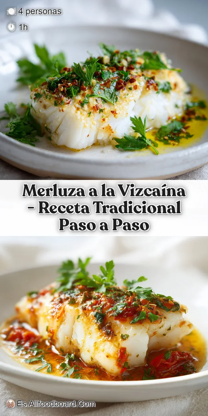 Close-up of succulent white fish fillet bathed in a glossy, deep red Vizca&iacute;na sauce, with hints of texture.