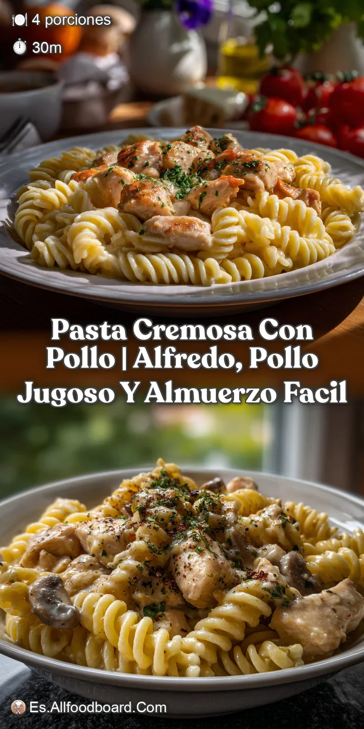 Creamy pasta swirled with tender chicken, vibrant green herbs, and a dusting of Parmesan cheese. A comforting, warm dish.