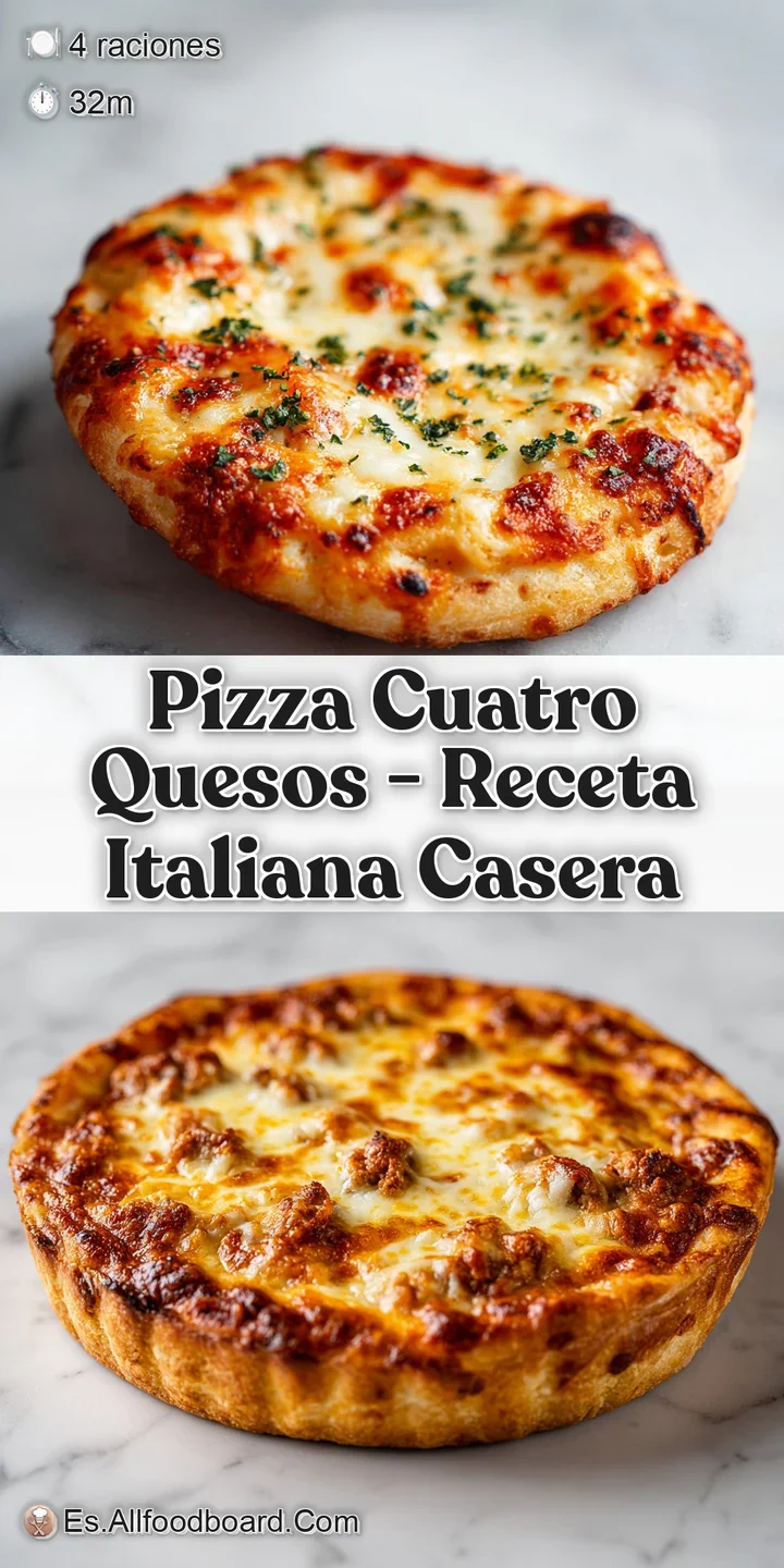 Close-up of bubbling, golden Quattro Formaggi pizza, highlighting melted cheese textures and a crisp crust.