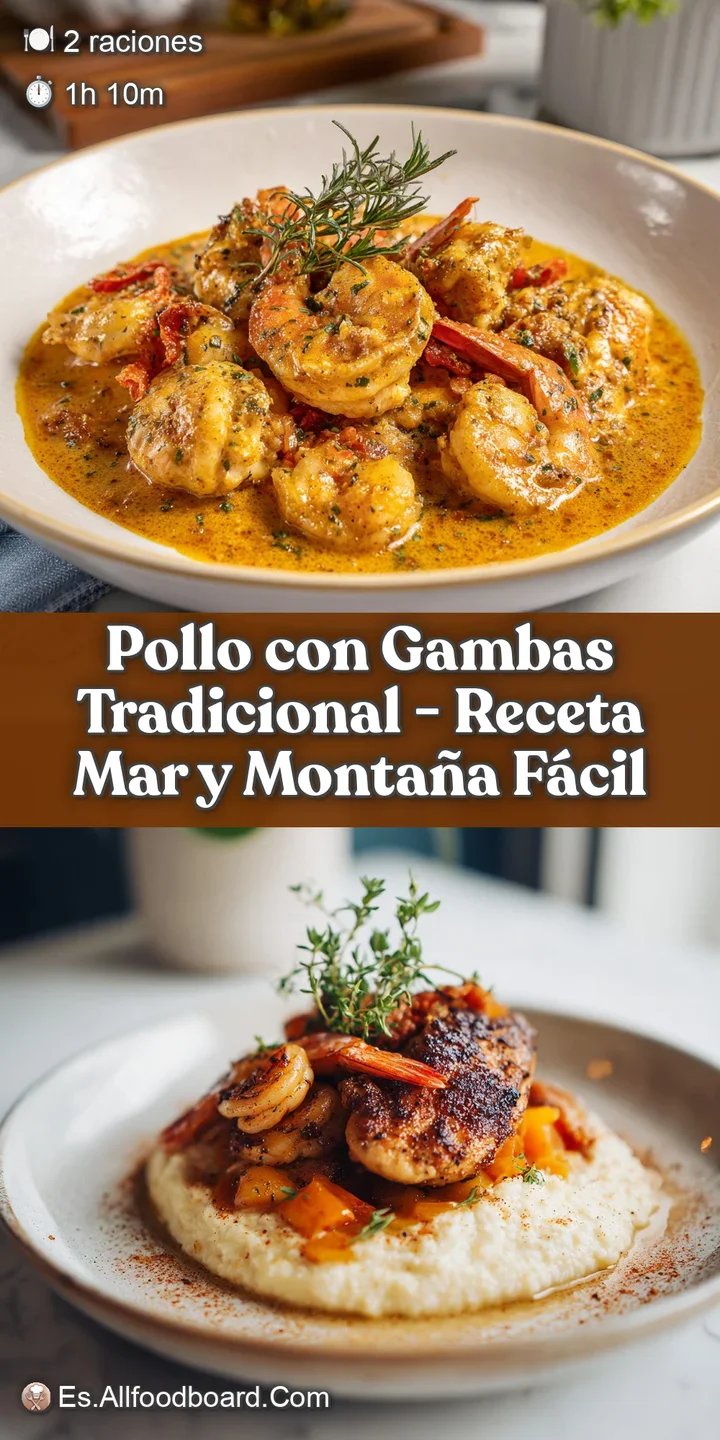 Close-up of succulent chicken and juicy shrimp bathed in a rich, golden-hued sauce with visible herbs.