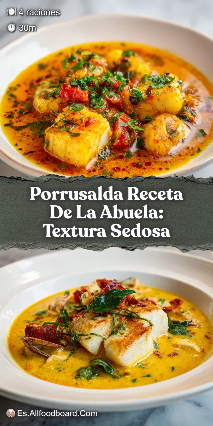 Close-up of steaming, ivory-colored porrusalda, showing bits of soft leeks and potatoes, promising a smooth and savory exp...