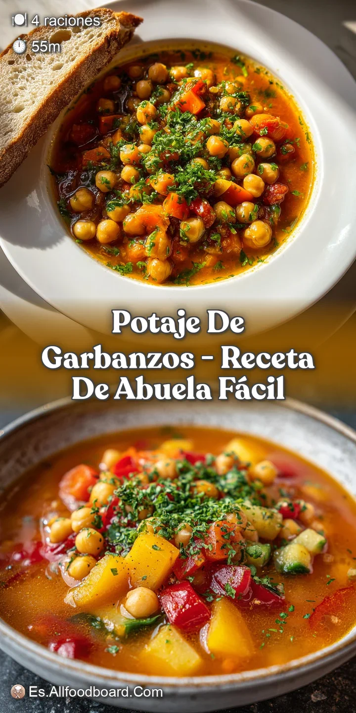 Close-up of hearty chickpea stew, showcasing tender vegetables and plump chickpeas. A simple, rustic dish with deep, savo...