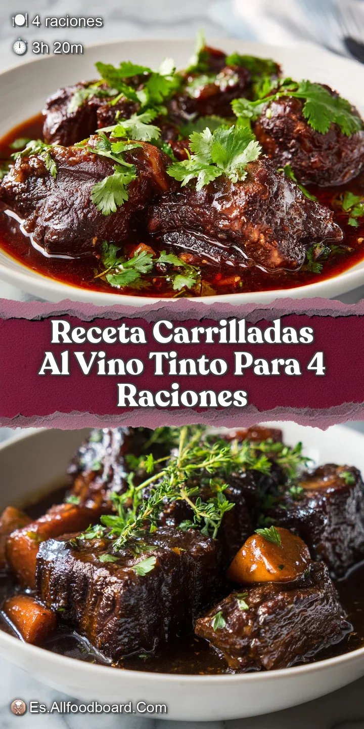 Close-up of braised pork cheeks simmering in red wine sauce. The tender meat pulls apart, showcasing its deep color and mo...
