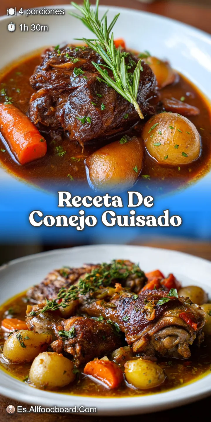 Close-up of glistening, fork-tender rabbit pieces in a savory sauce, studded with herbs and vegetables. Deliciously inviti...