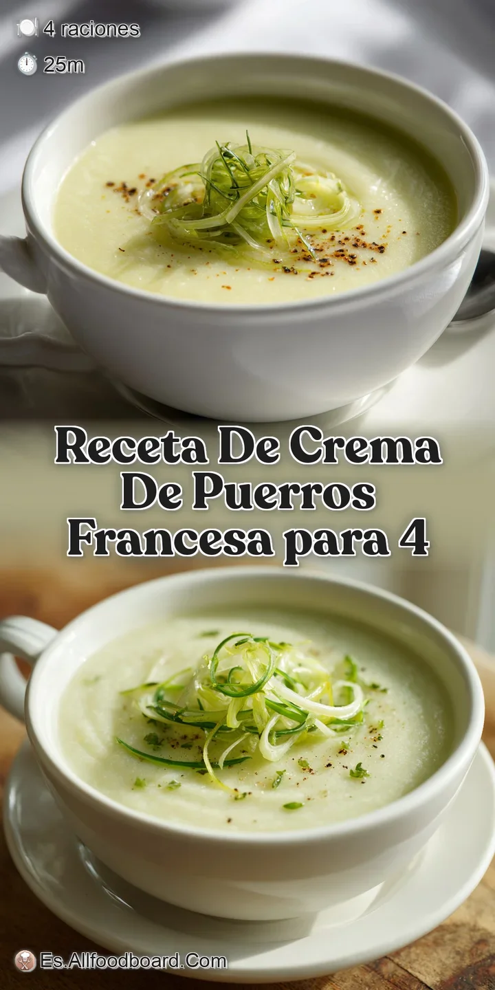 Close-up reveals the silken texture of French leek cream soup. Tiny chives add a pop of green. A tempting bowl of pure com...