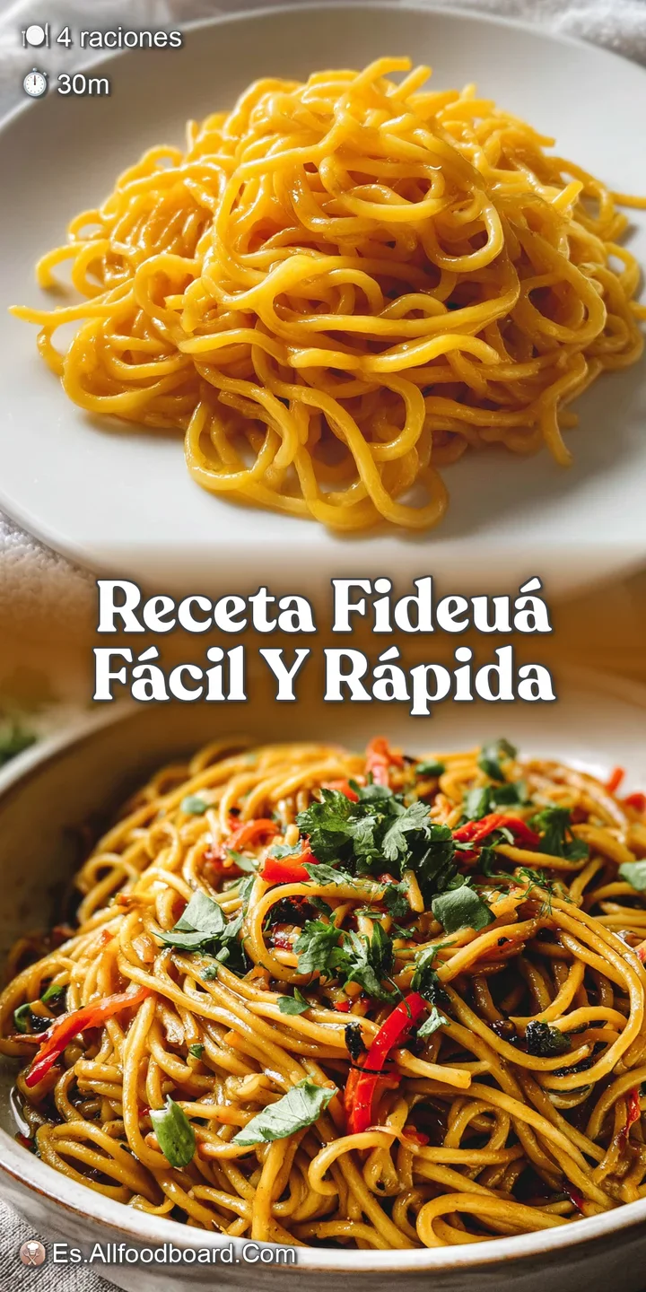 Close-up of glistening fideu&agrave;: plump shrimp mingle with golden, slightly crisp noodles and flavorful broth in shallow pan.