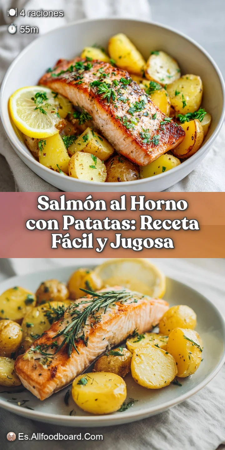 Close-up of tender, flaky baked salmon with crispy potatoes, showing the herbs and caramelized lemon, promising rich flavor.