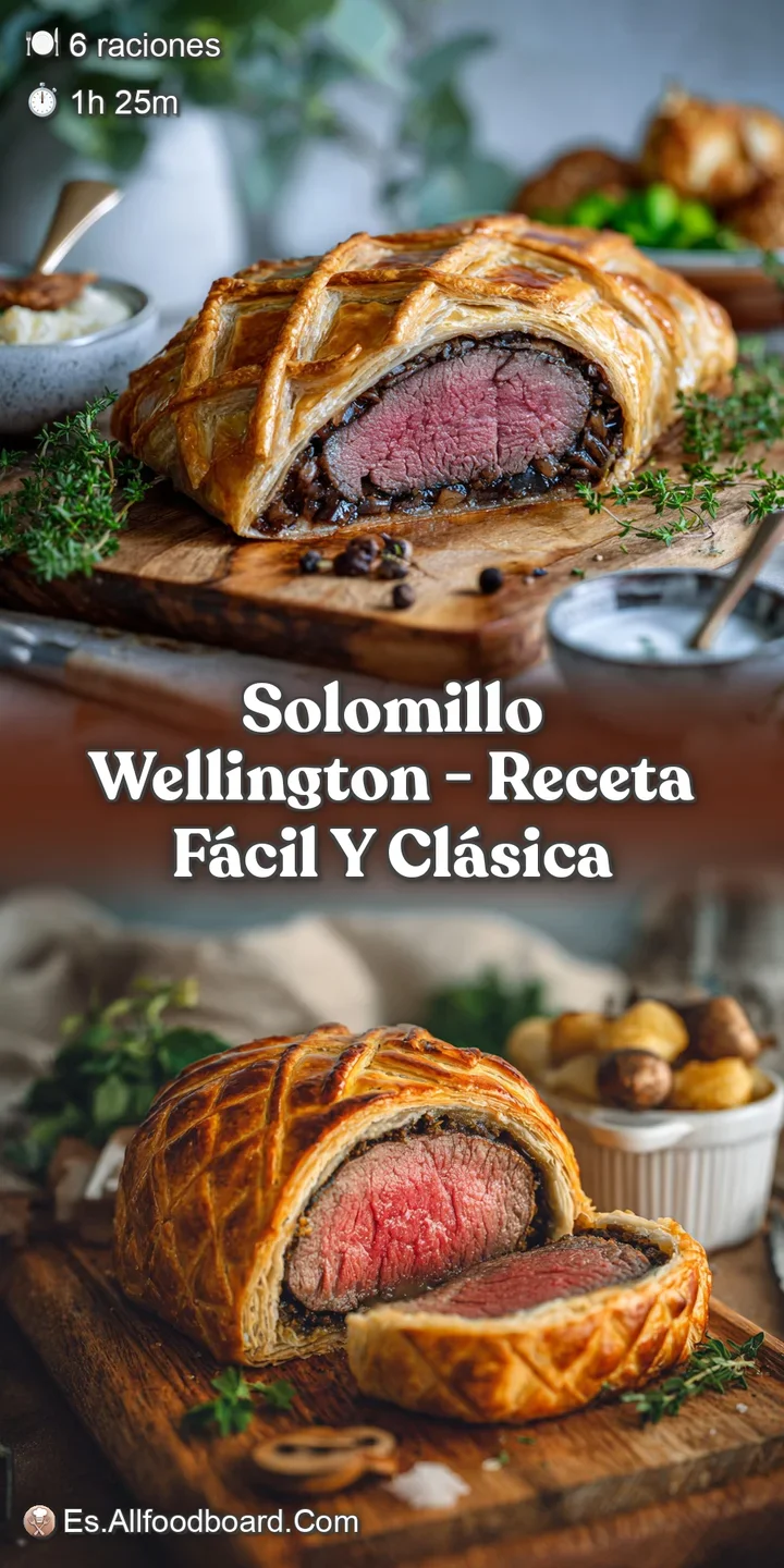 Close-up of a slice of Beef Wellington highlighting the golden crust and the perfectly cooked, pink beef tenderloin inside...