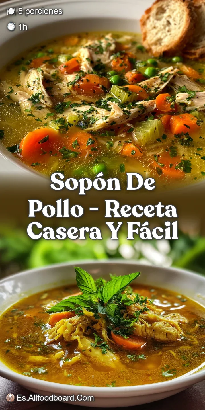 Close-up of rich chicken soup, chunks of chicken and vegetables visible in the golden, savory broth, promising warmth.