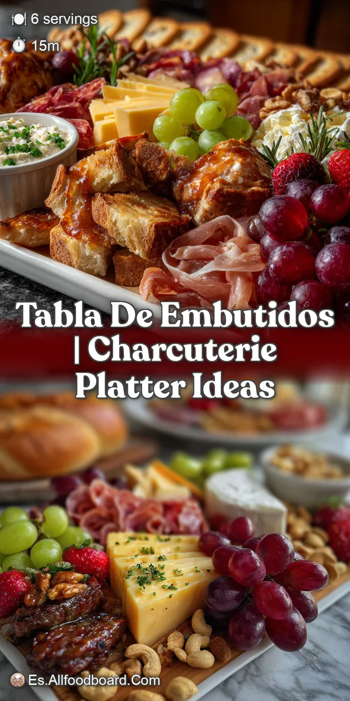 Close-up of glistening chorizo, marbled cheeses, and briny olives, a tempting preview of this gourmet charcuterie board's ...