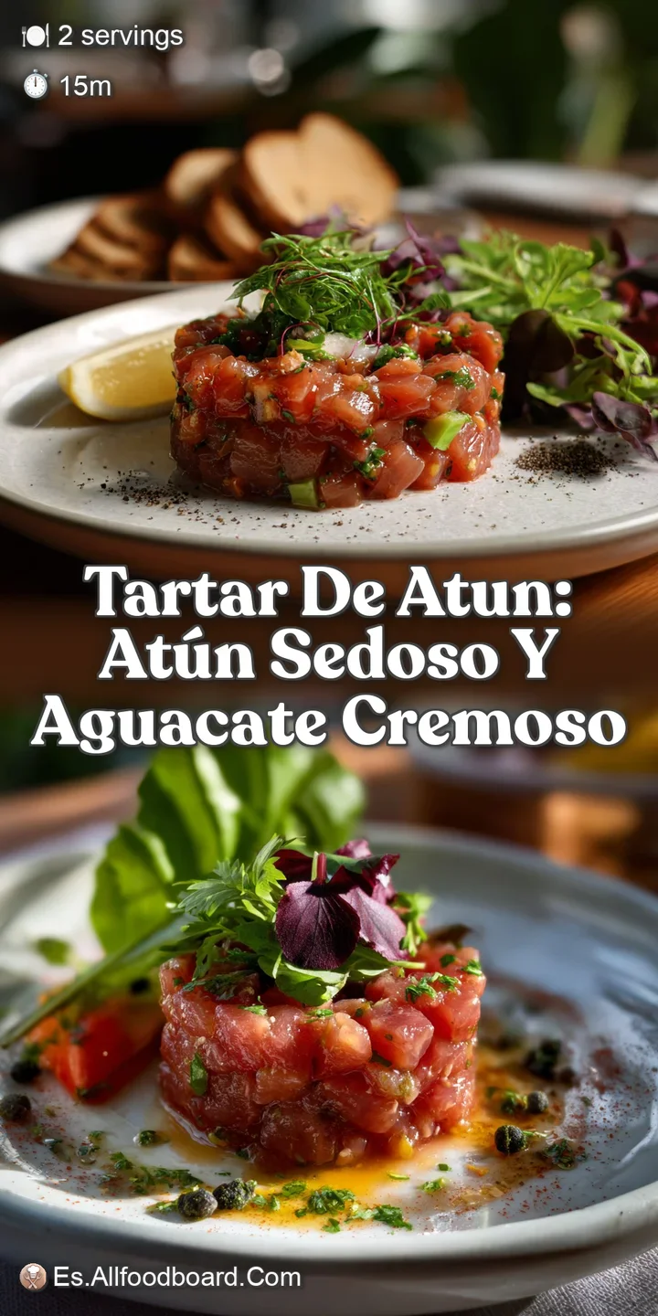 Close-up of glistening tuna tartare with creamy avocado cubes. The dish's fresh, bright colors evoke a sense of appetite.