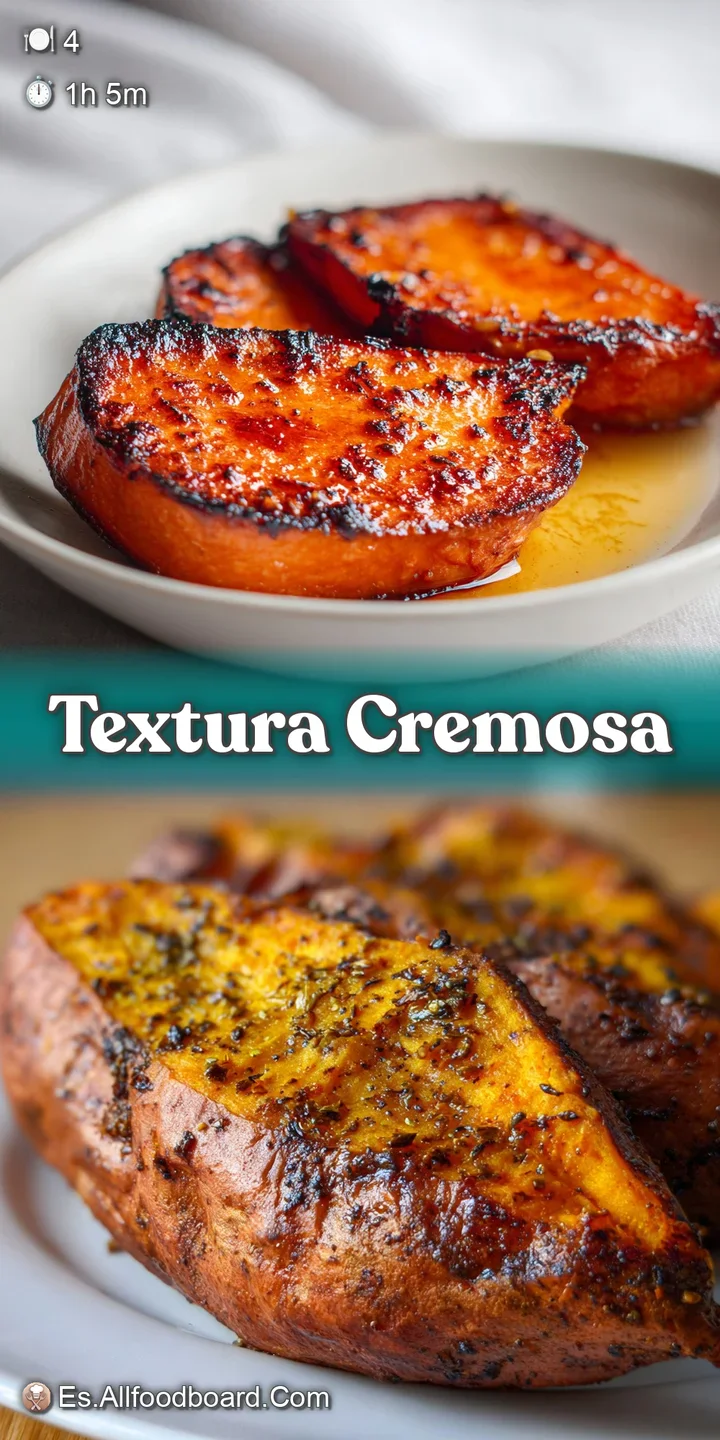 Close-up of tender, roasted sweet potato glistening with glaze, revealing its soft texture and slightly charred edges, a w...