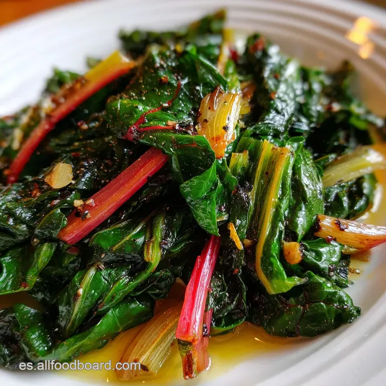Elegantly plated Swiss chard, bright green leaves gently mounded, topped with toasted garlic, glistening with oil, on whit...