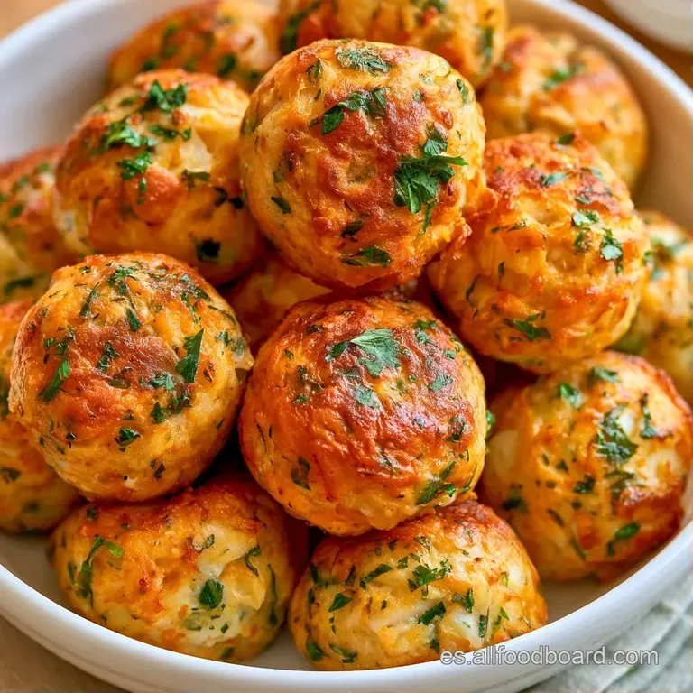 Tres croquetas redondas de tono miel dispuestas sobre una base de salsa blanca cremosa, decoradas con brotes verdes finos.