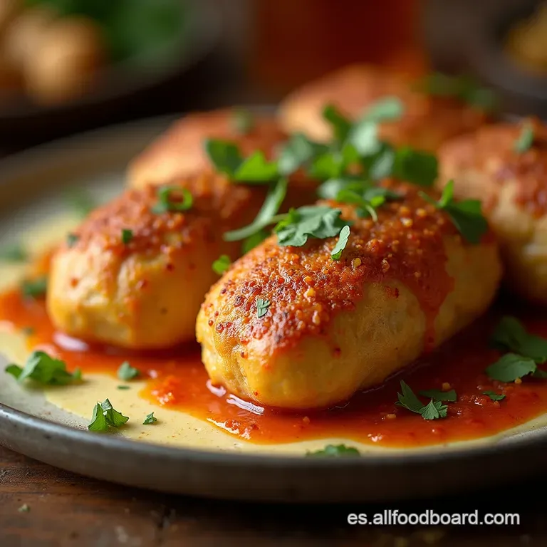 Tesoros Crujientes Alb&oacute;ndigas De Papa Rellenas De Pollo Desmenuzado Al Ajillo presentation
