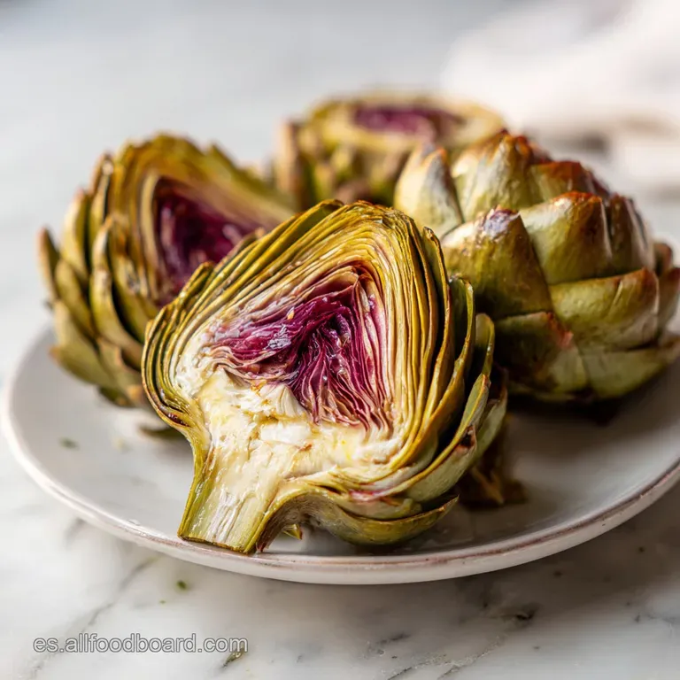 Artichoke halves, drizzled with oil, glisten on a white plate. Tender leaves are artfully arranged, inviting you to savor.