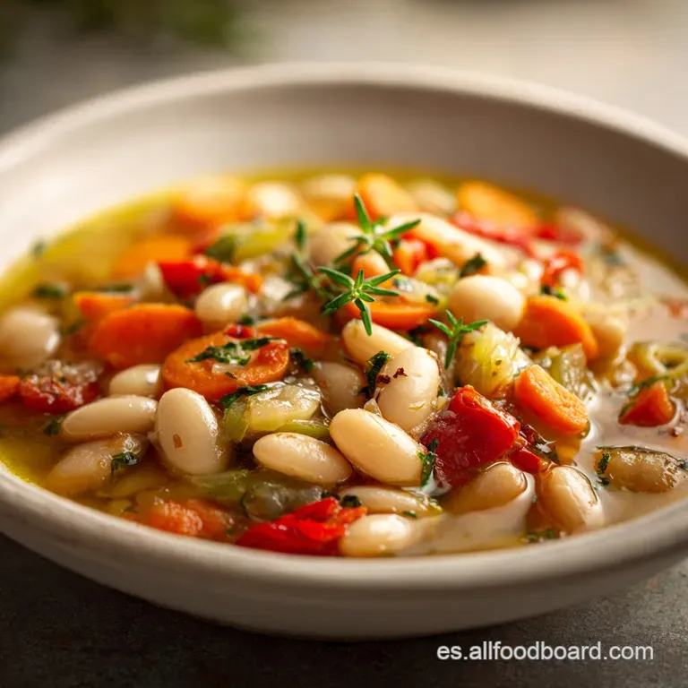 Close-up of a white bean stew served in a white bowl, garnished with fresh herbs and a drizzle of olive oil, ready to eat.