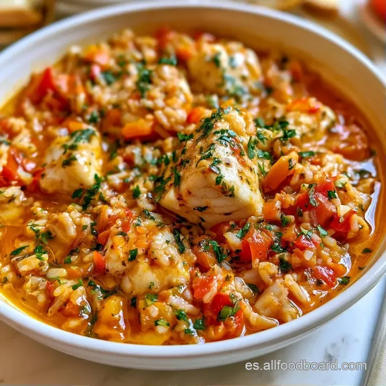 Plato hondo con arroz caldoso amarillento, bacalao desmigado y un toque de perejil fresco sobre un mantel neutro.