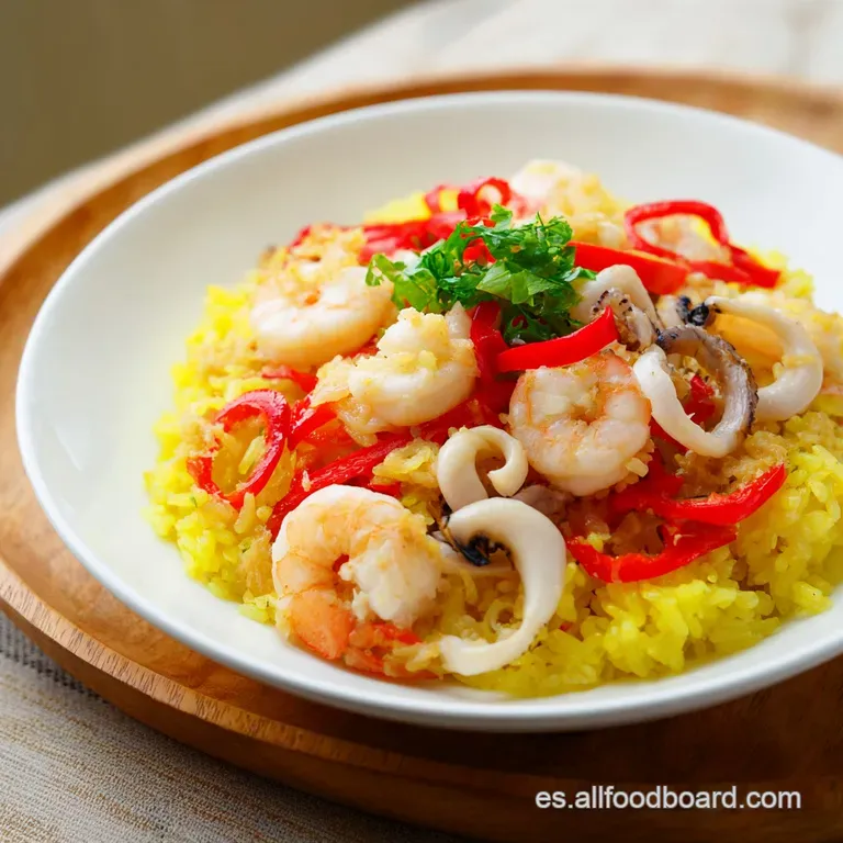 Plato blanco con arroz brillante, gambas enteras dispuestas con cuidado y calamares tiernos en un montaje minimalista.