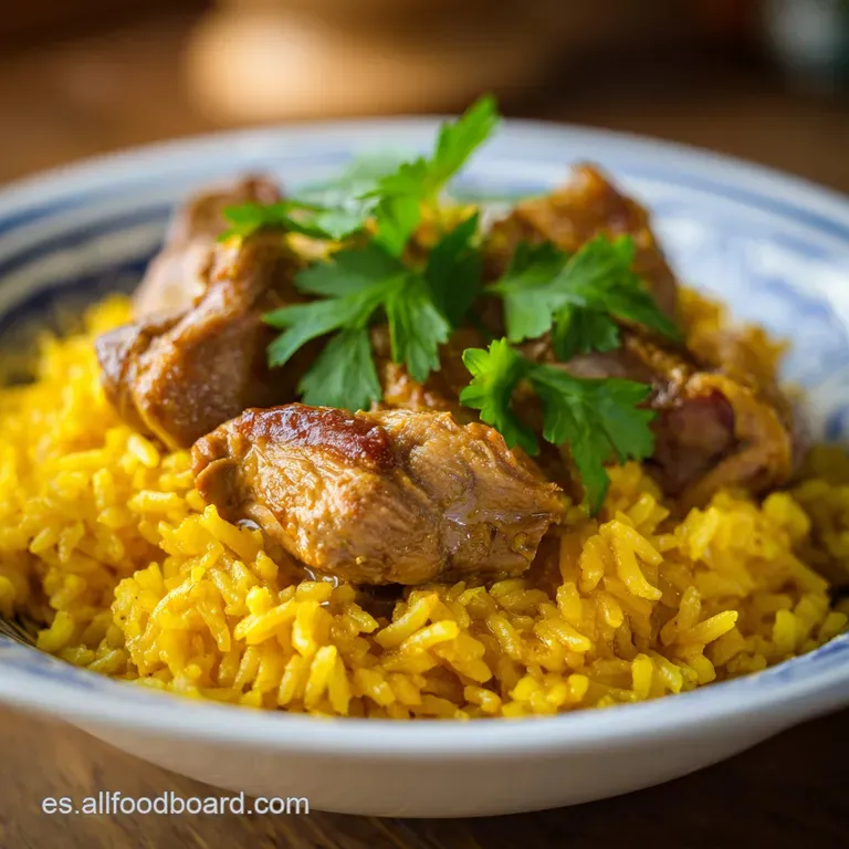 Plated yellow saffron rice topped with seared rabbit and red pepper strips on a sleek, matte ceramic plate