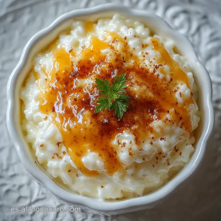 Elegant glass dish filled with shimmering, smooth arroz con leche, garnished with a cinnamon stick and a dusting of spice.