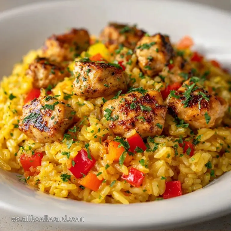 Porci&oacute;n de arroz dorado servida en plato blanco, adornada con perejil fresco y trozos de pollo jugosos y bien sellados